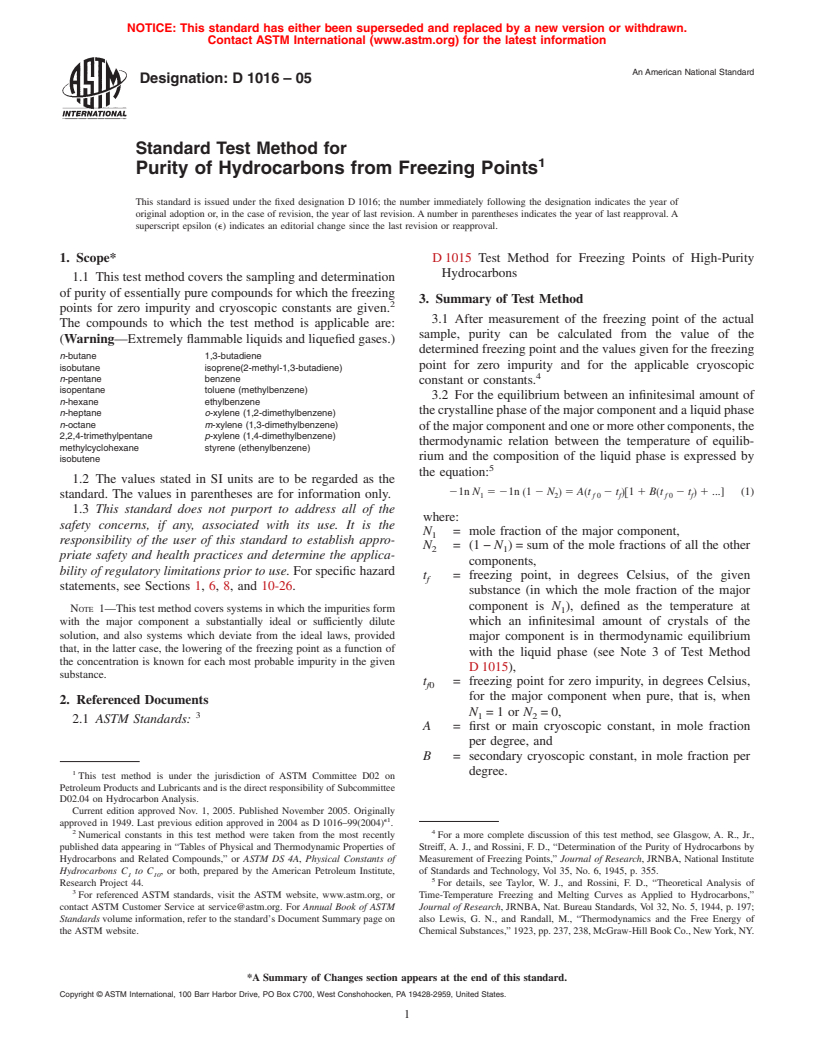 ASTM D1016-05 - Standard Test Method for Purity of Hydrocarbons from Freezing Points