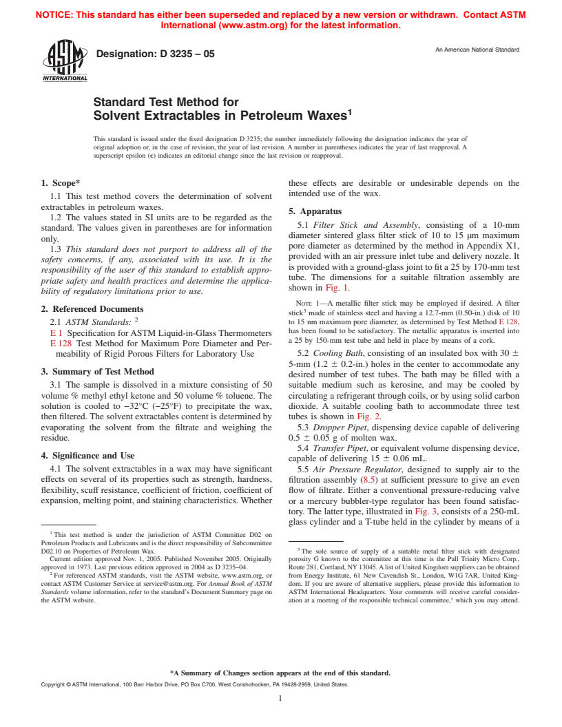 ASTM D3235-05 - Standard Test Method for Solvent Extractables in Petroleum Waxes