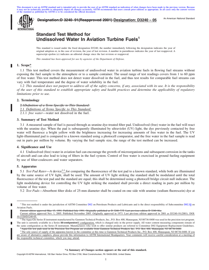 REDLINE ASTM D3240-05 - Standard Test Method for Undissolved Water In Aviation Turbine Fuels