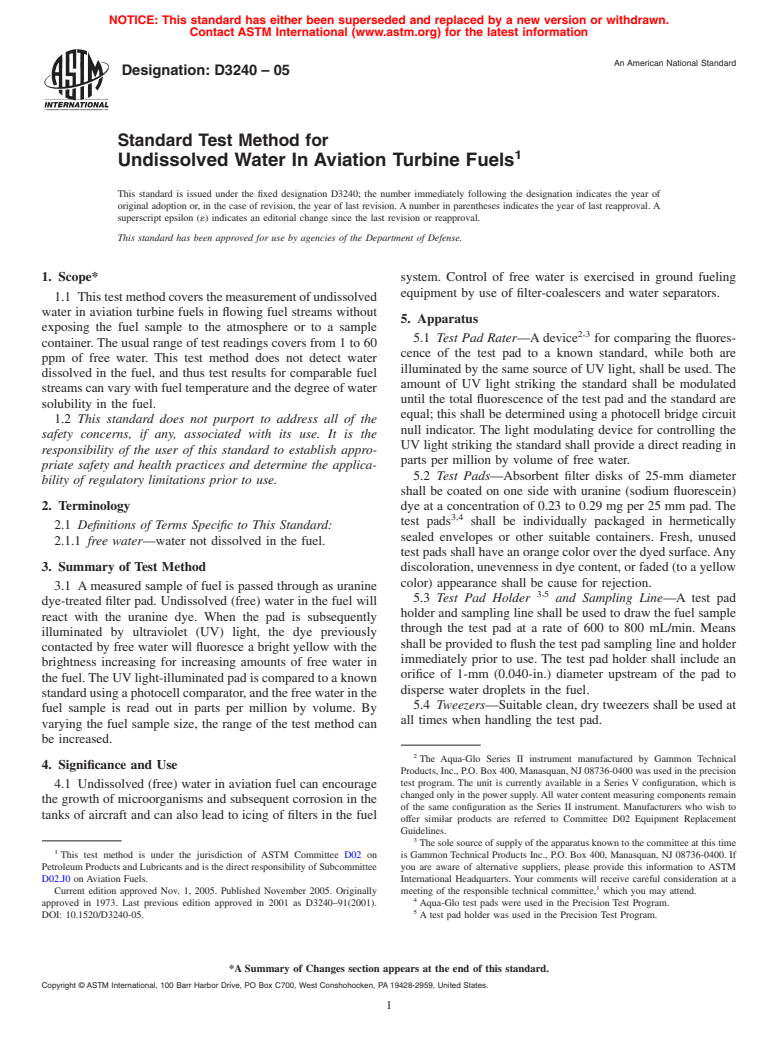 ASTM D3240-05 - Standard Test Method for Undissolved Water In Aviation Turbine Fuels