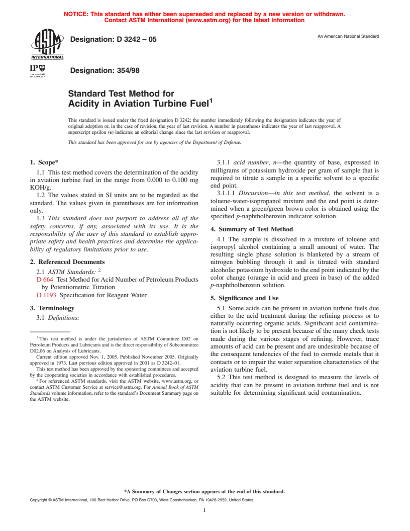 ASTM D3242-05 - Standard Test Method for Acidity in Aviation Turbine Fuel