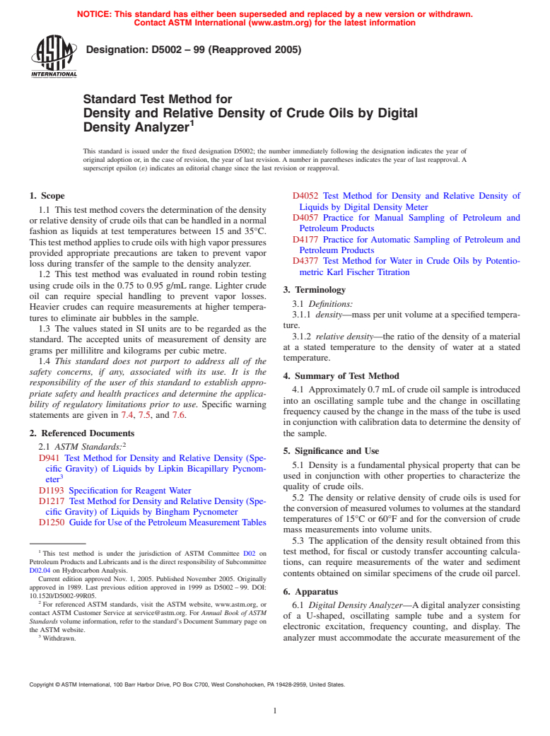 ASTM D5002-99(2005) - Standard Test Method for Density and Relative Density of Crude Oils by Digital Density Analyzer