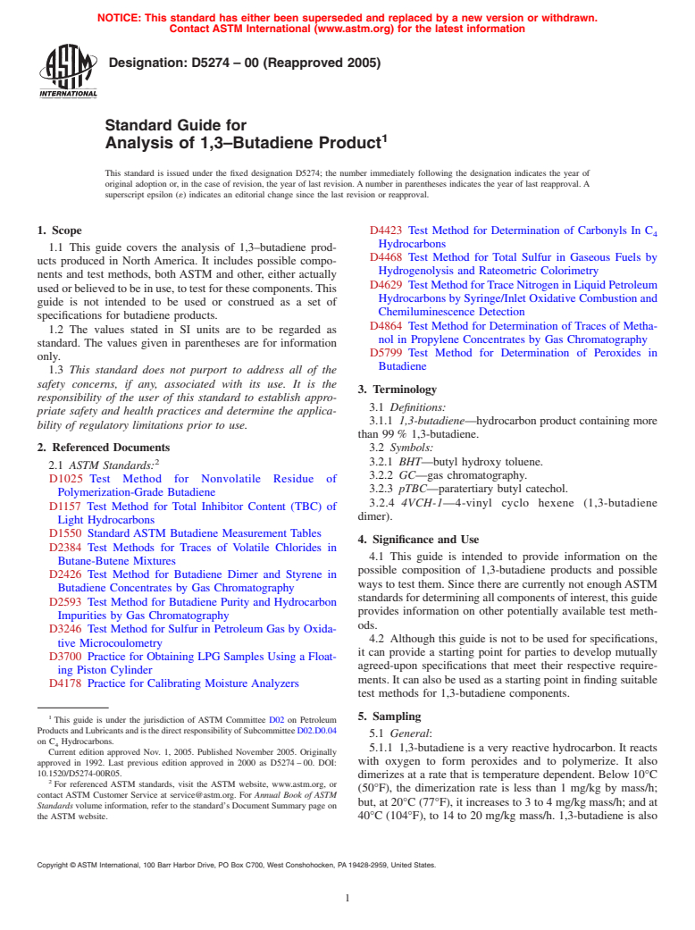 ASTM D5274-00(2005) - Standard Guide for Analysis of 1,3-Butadiene Product