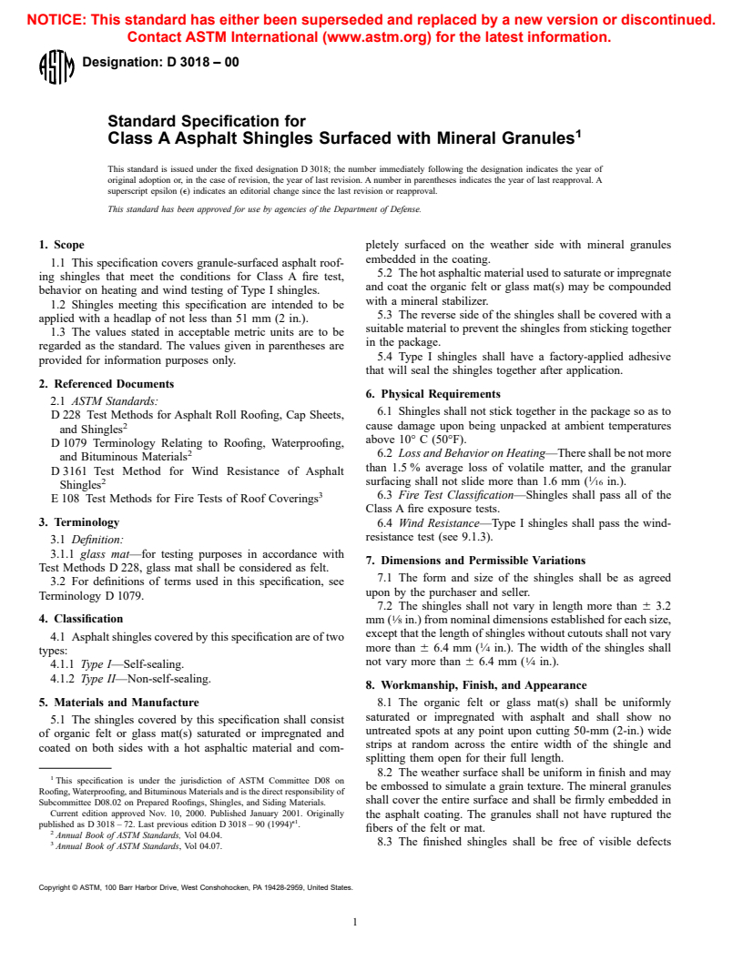 ASTM D3018-00 - Standard Specification for Class A Asphalt Shingles Surfaced with Mineral Granules