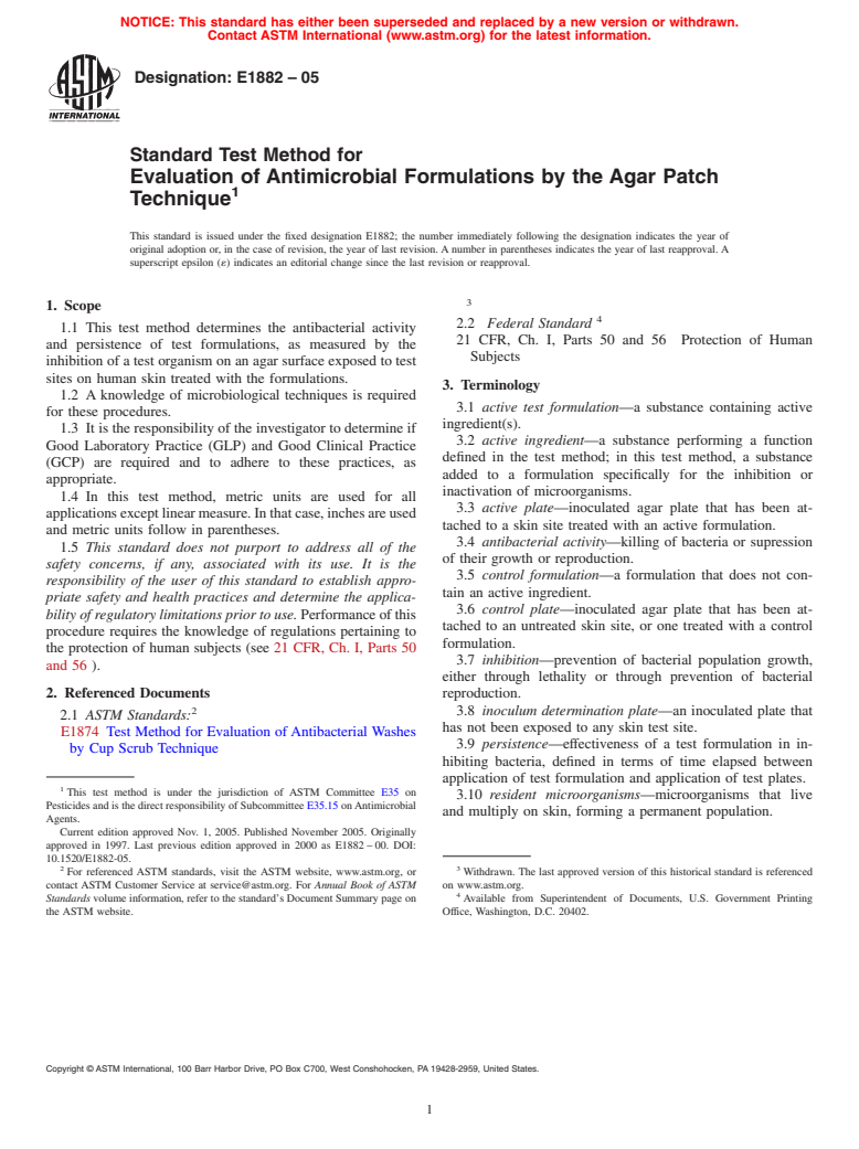 ASTM E1882-05 - Standard Test Method for Evaluation of Antimicrobial Formulations by the Agar Patch Technique