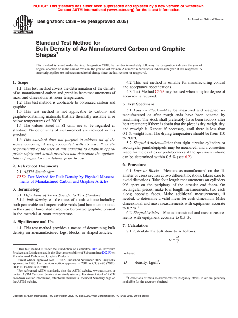 ASTM C838-96(2005) - Standard Test Method for Bulk Density of As-Manufactured Carbon and Graphite Shapes