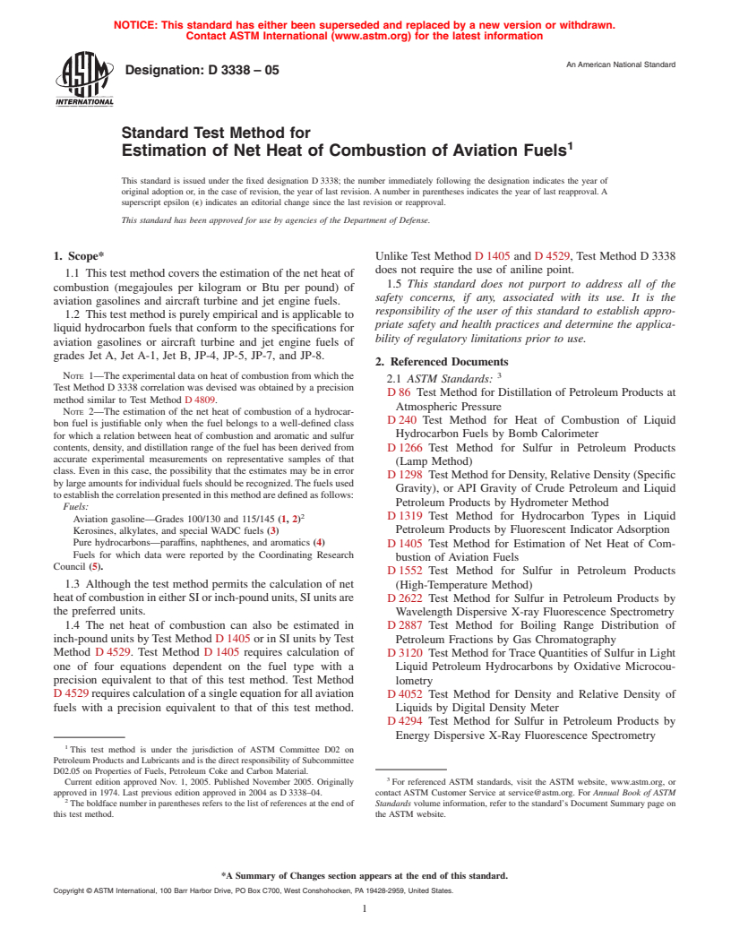 ASTM D3338-05 - Standard Test Method for Estimation of Net Heat of Combustion of Aviation Fuels