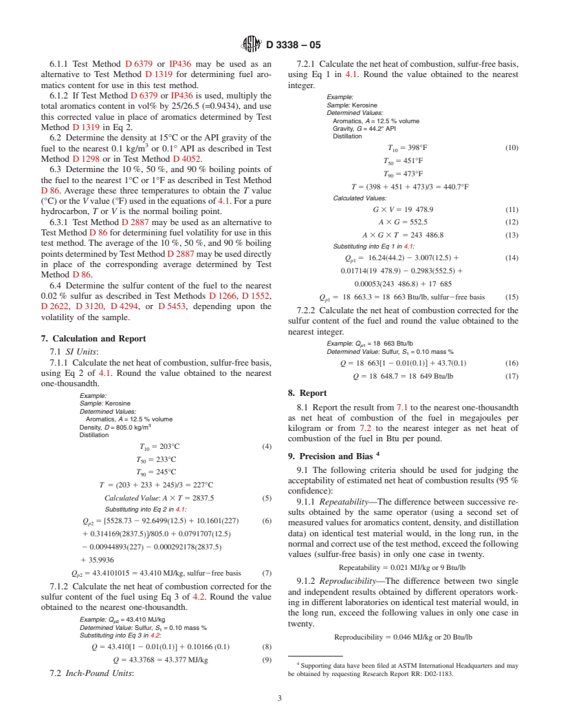 ASTM D3338-05 - Standard Test Method for Estimation of Net Heat of Combustion of Aviation Fuels