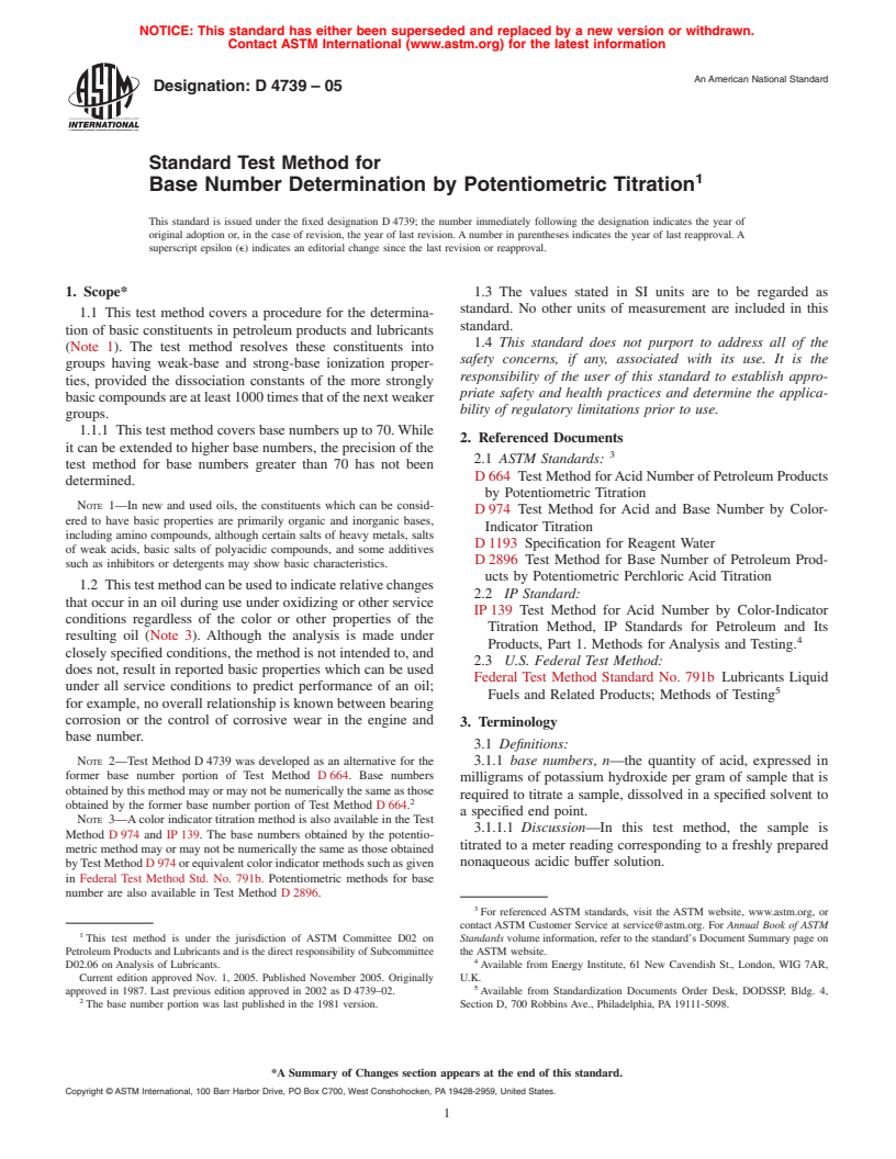 ASTM D4739-05 - Standard Test Method for Base Number Determination by Potentiometric Titration