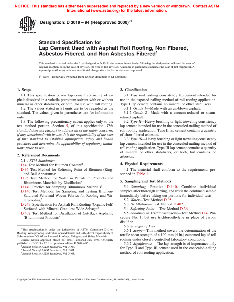 ASTM D3019-94(2000)e1 - Standard Specification for Lap Cement Used with Asphalt Roll Roofing, Non Fibered, Asbestos Fibered, and Non Asbestos Fibered