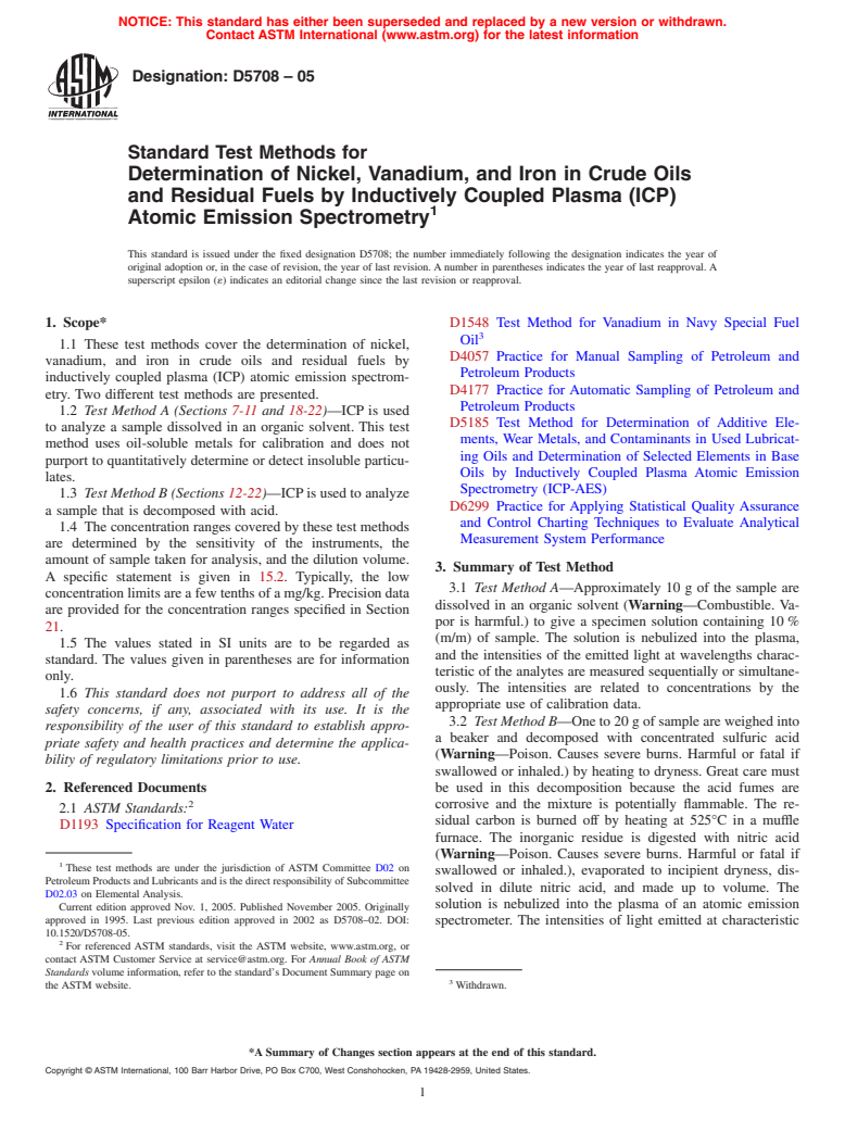 ASTM D5708-05 - Standard Test Methods for Determination of Nickel, Vanadium, and Iron in Crude Oils and Residual Fuels by Inductively Coupled Plasma (ICP) Atomic Emission Spectrometry
