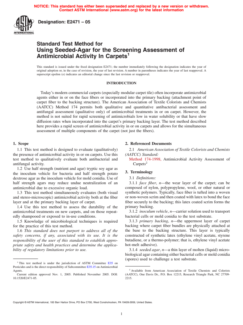 ASTM E2471-05 - Standard Test Method for Using Seeded-Agar for the Screening Assessment of Antimicrobial Activity In Carpets