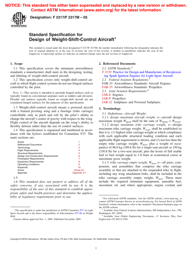 ASTM F2317/F2317M-05 - Standard Specification for Design of Weight-Shift-Control Aircraft