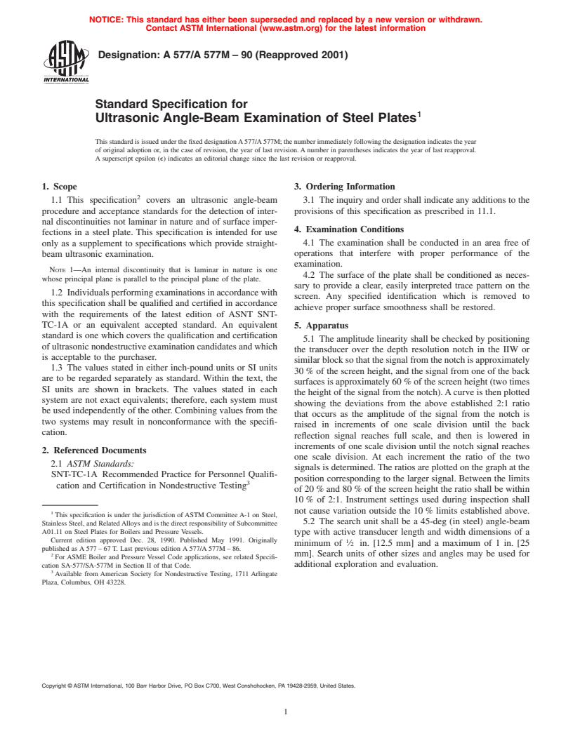 ASTM A577/A577M-90(2001) - Standard Specification for Ultrasonic Angle-Beam Examination of Steel Plates