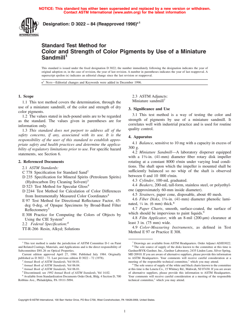 ASTM D3022-84(1996)e1 - Standard Test Method for Color and Strength of Color Pigments by Use of a Miniature Sandmill