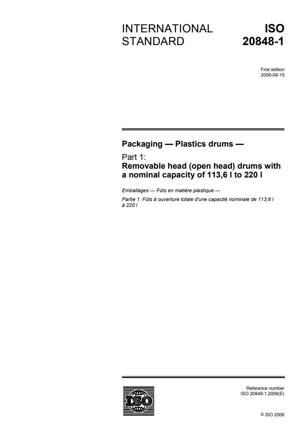 ISO 20848-1:2006 - Packaging -- Plastics drums