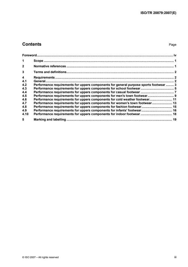 ISO/TR 20879:2007 - Footwear -- Performance requirements for components for footwear -- Uppers