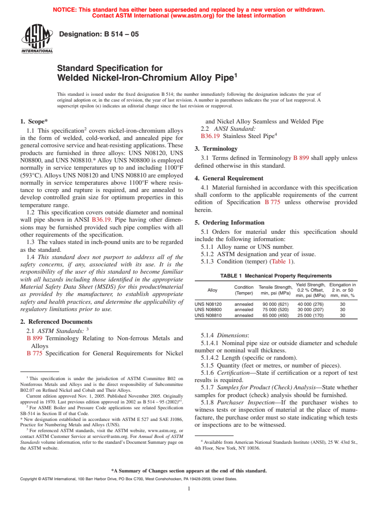 ASTM B514-05 - Standard Specification for Welded Nickel-Iron-Chromium Alloy Pipe