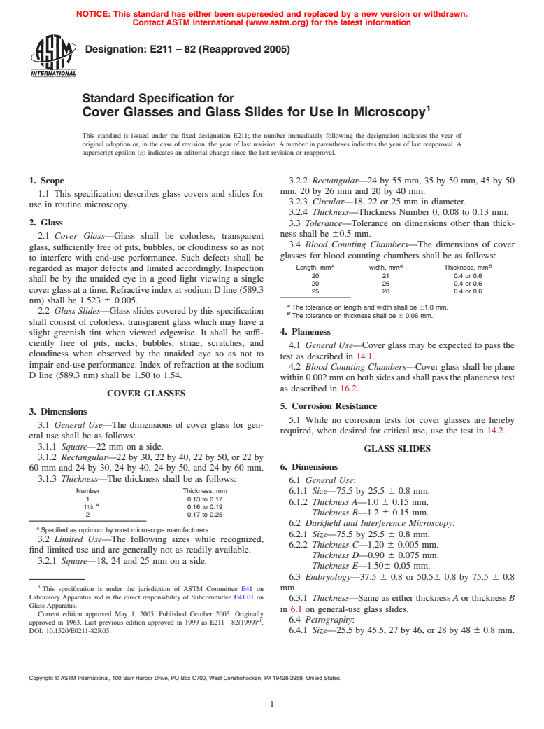 ASTM E211-82(2005) - Standard Specification for Cover Glasses and Glass Slides for Use in Microscopy