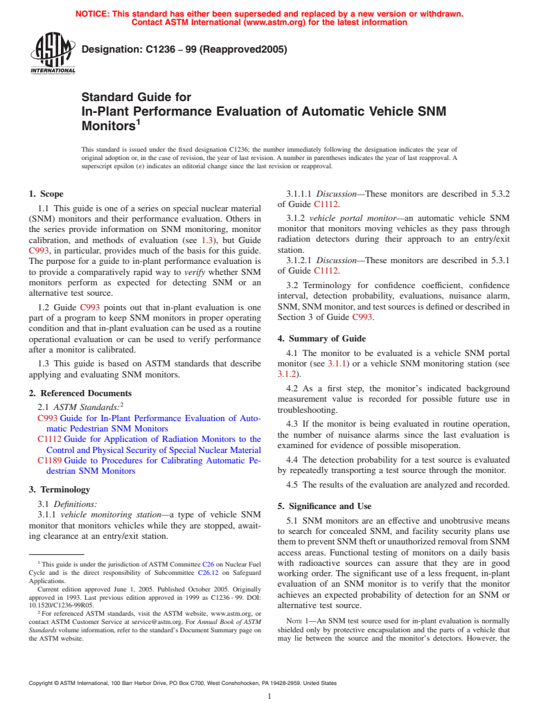 ASTM C1236-99(2005) - Standard Guide for In-Plant Performance Evaluation of Automatic Vehicle SNM Monitors (Withdrawn 2014)