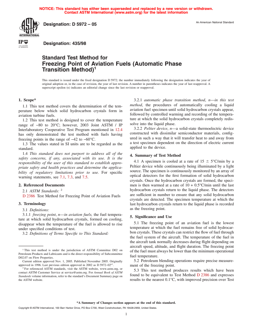 ASTM D5972-05 - Standard Test Method for Freezing Point of Aviation Fuels (Automatic Phase Transition Method)