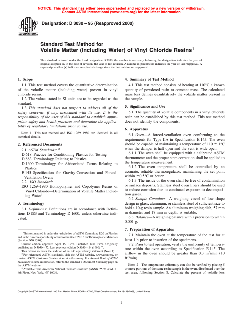 ASTM D3030-95(2000) - Standard Test Method for Volatile Matter (Including Water) of Vinyl Chloride Resins