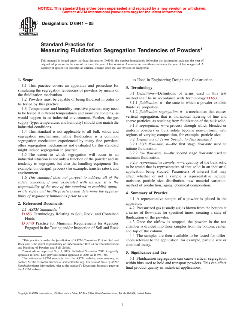 ASTM D6941-05 - Standard Practice for Measuring Fluidization Segregation Tendencies of Powders