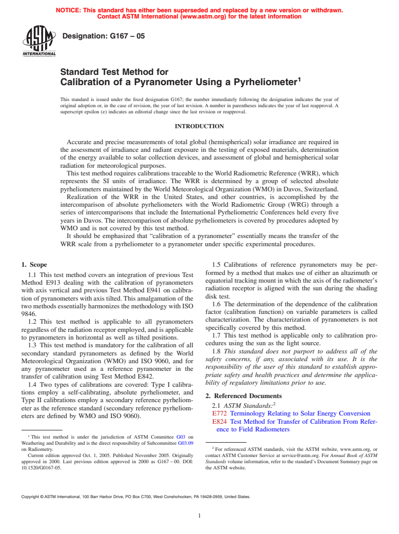 ASTM G167-05 - Standard Test Method for Calibration of a Pyranometer Using a Pyrheliometer