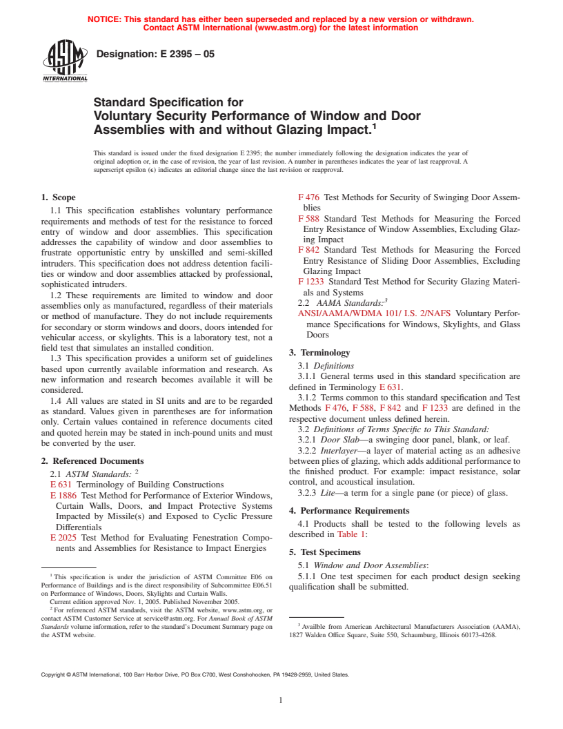 ASTM E2395-05 - Standard Specification for Voluntary Security Performance of Window and Door Assemblies with and without Glazing Impact