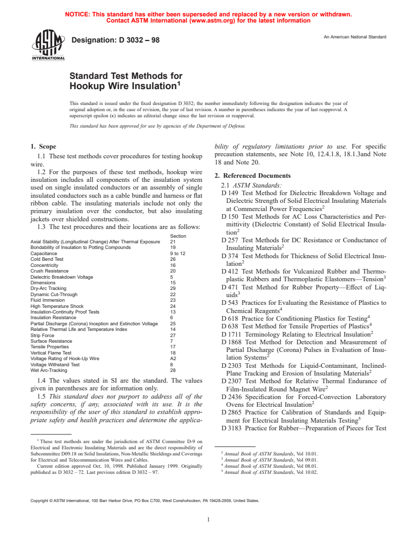 ASTM D3032-98 - Standard Test Methods for Hookup Wire Insulation