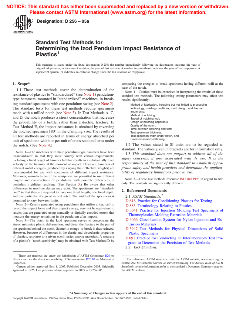 ASTM D256-05a - Standard Test Methods for Determining the Izod Pendulum Impact Resistance of Plastics