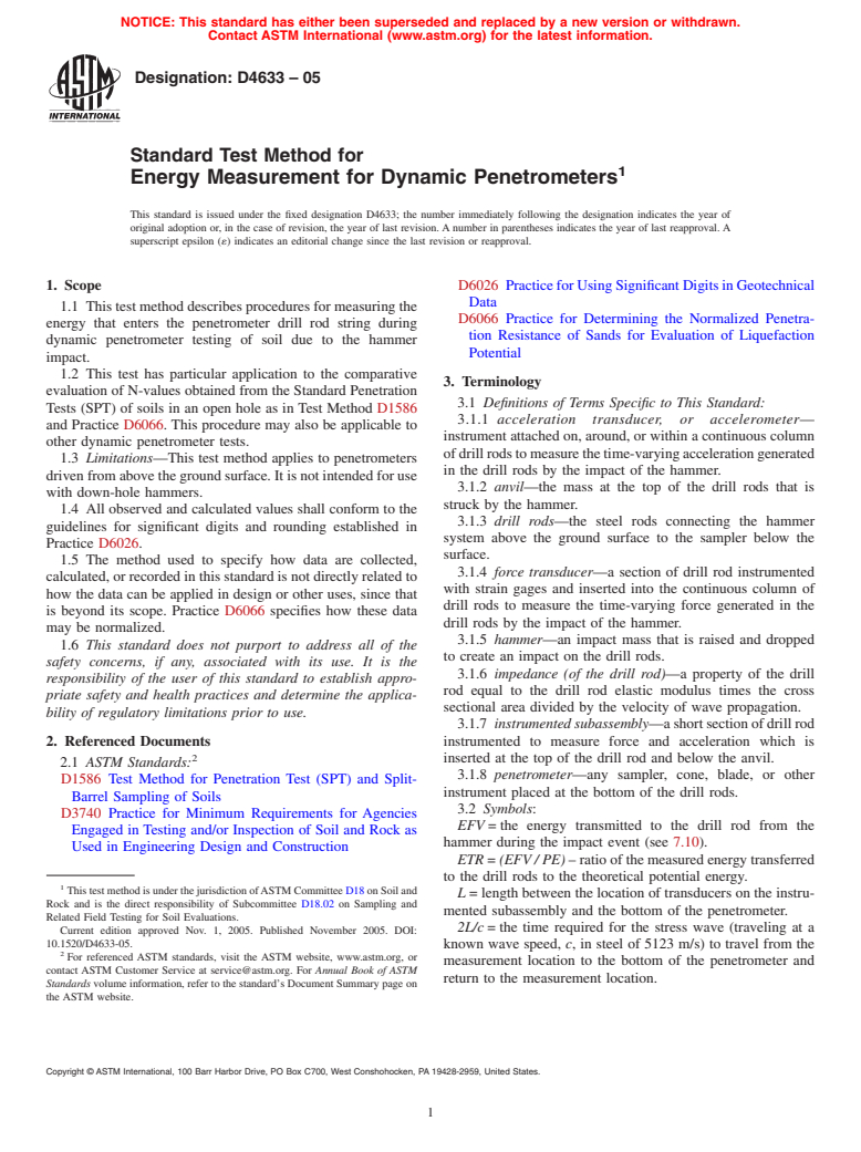 ASTM D4633-05 - Standard Test Method for Energy Measurement for Dynamic Penetrometers