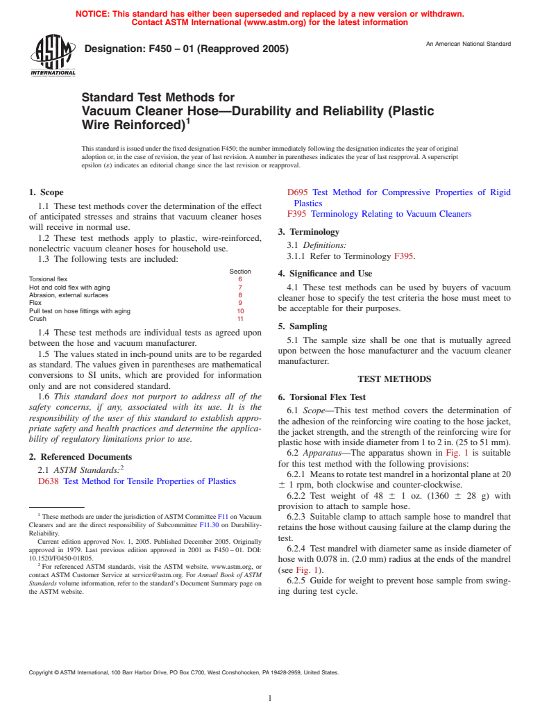 ASTM F450-01(2005) - Standard Test Methods for Vacuum Cleaner Hose&#8212;Durability and Reliability (Plastic Wire Reinforced)