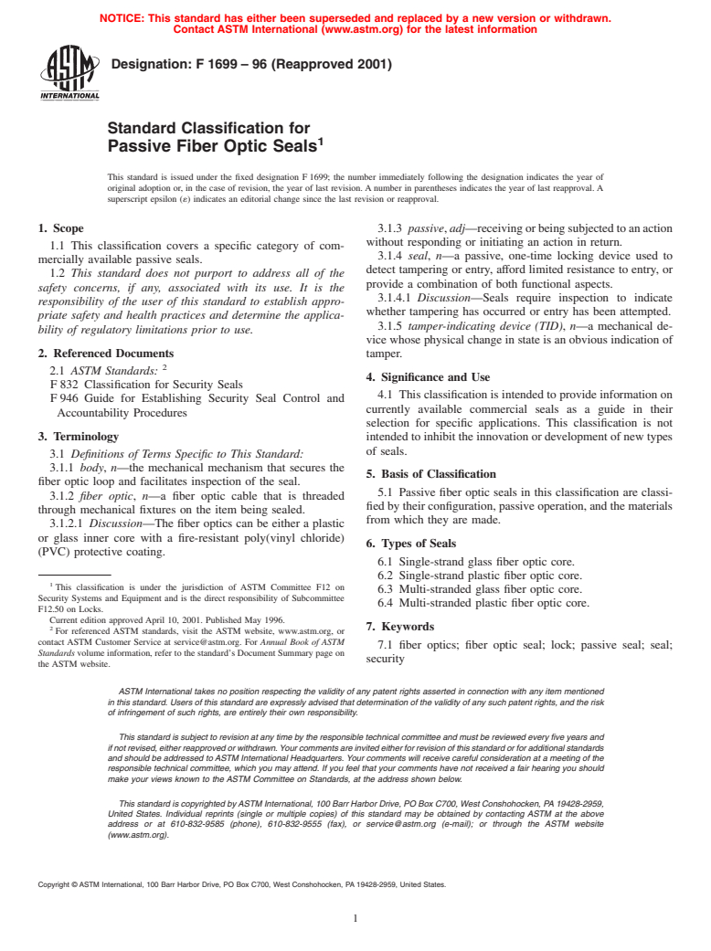 ASTM F1699-96(2001) - Standard Classification for Passive Fiber Optic Seals