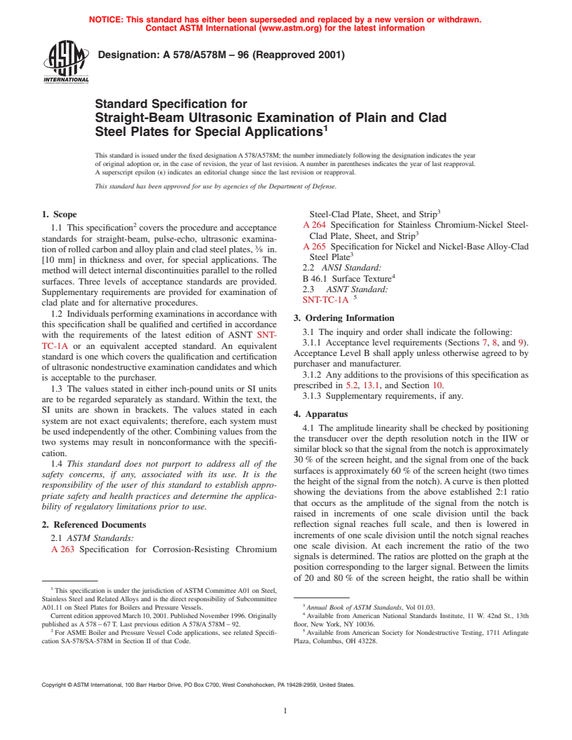 ASTM A578/A578M-96(2001) - Standard Specification for Straight-Beam Ultrasonic Examination of Plain and Clad Steel Plates for Special Applications