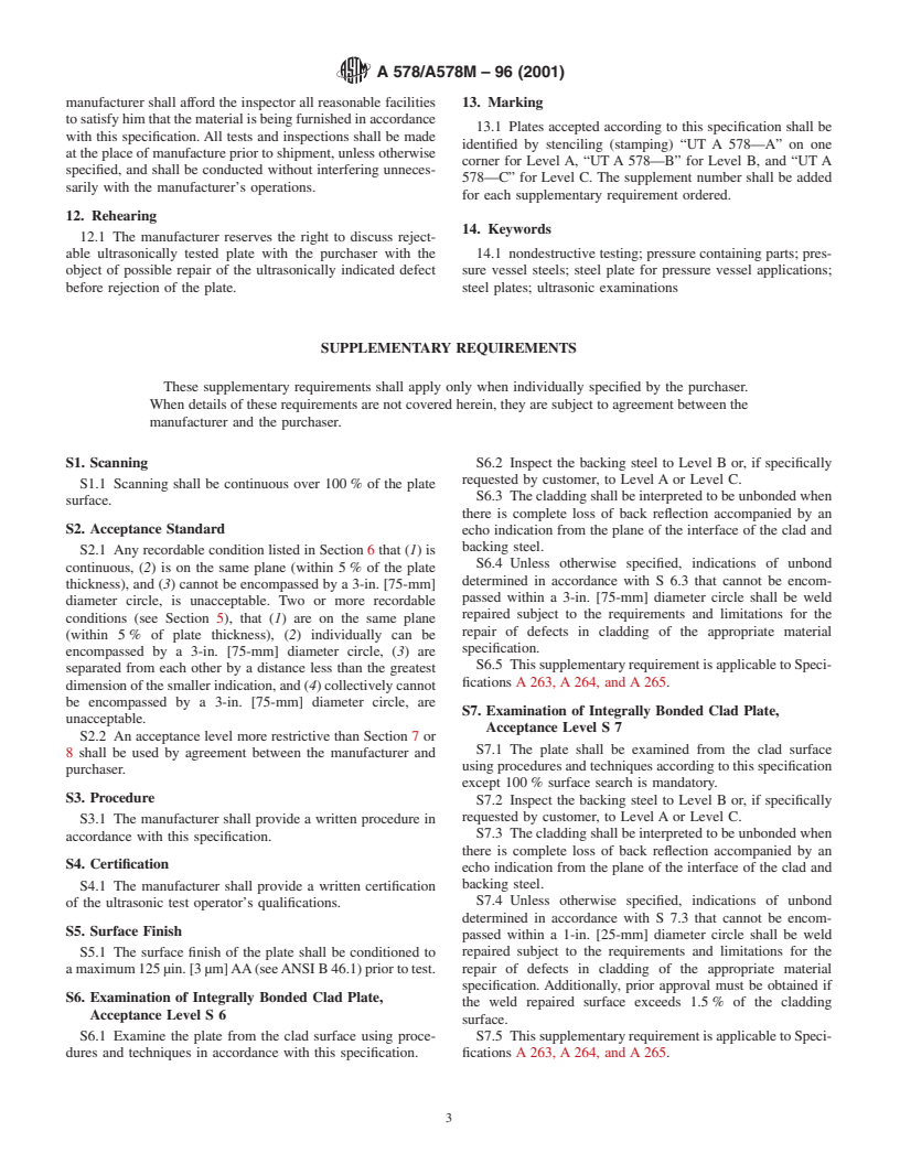 ASTM A578/A578M-96(2001) - Standard Specification for Straight-Beam Ultrasonic Examination of Plain and Clad Steel Plates for Special Applications