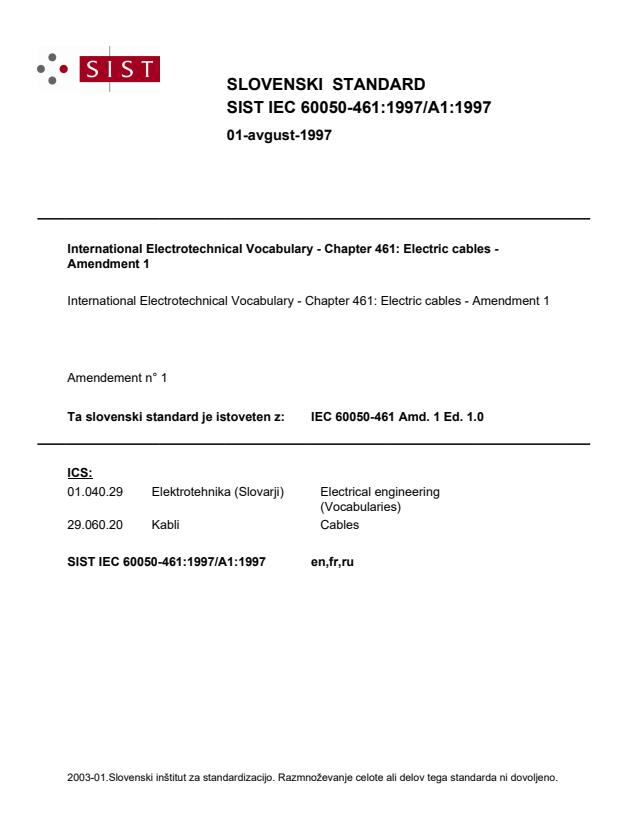 SIST IEC 60050-461:1997/A1:1997