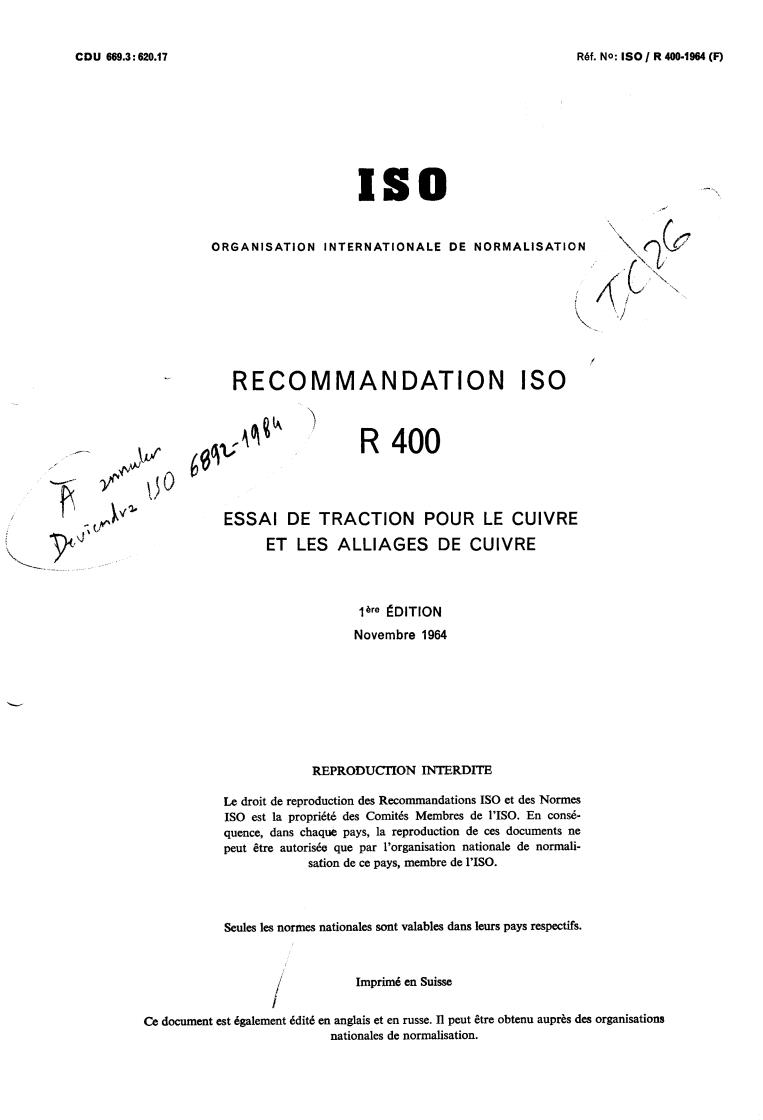 ISO/R 400:1964 - Tensile testing of copper and copper alloys
Released:11/1/1964