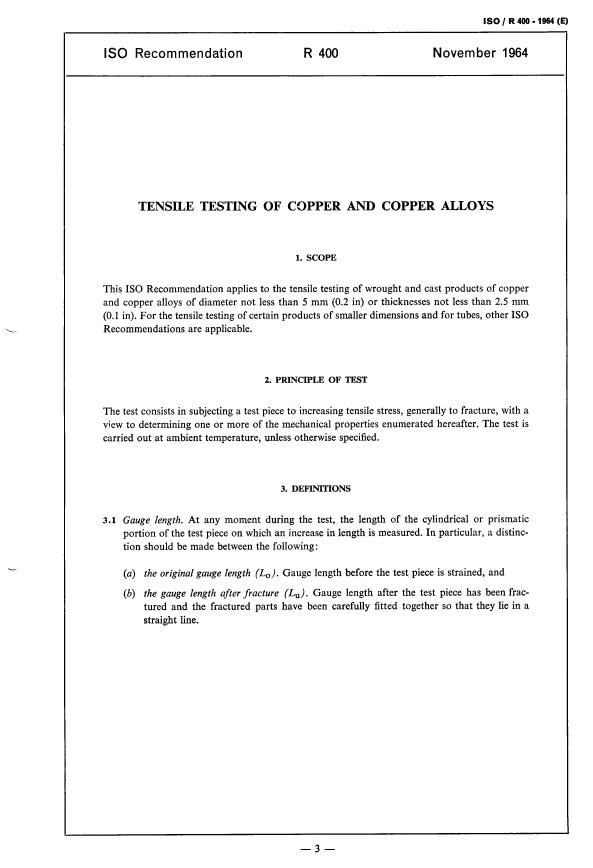 ISO/R 400:1964 - Tensile testing of copper and copper alloys