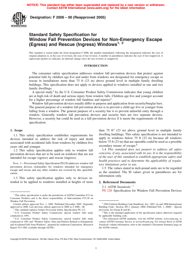 ASTM F2006-00(2005) - Standard Safety Specification for Window Fall Prevention Devices for Non-Emergency Escape (Egress) and Rescue (Ingress) Windows