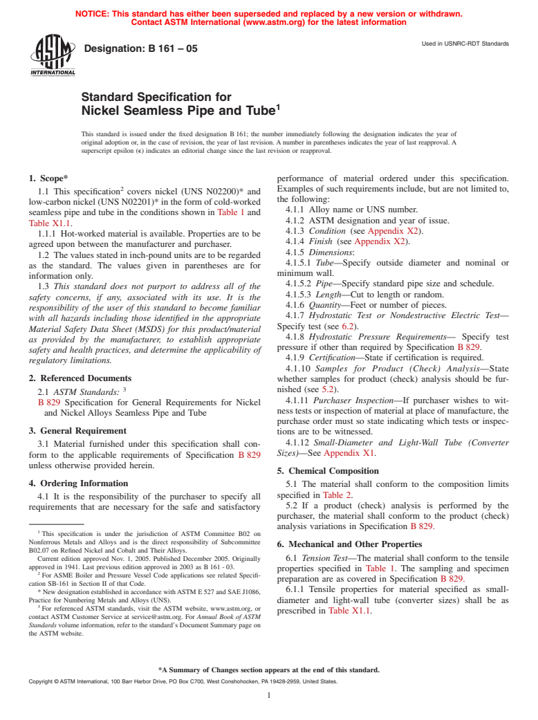 ASTM B161-05 - Standard Specification for Nickel Seamless Pipe and Tube