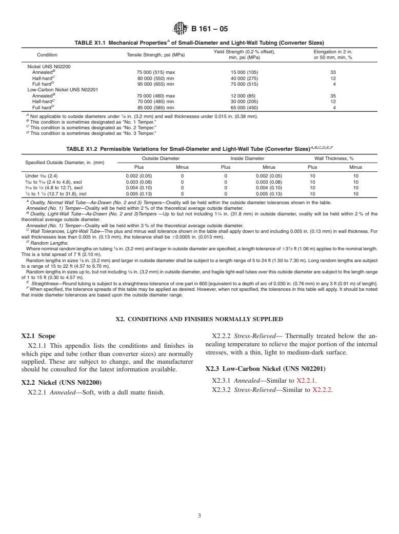 ASTM B161-05 - Standard Specification for Nickel Seamless Pipe and Tube