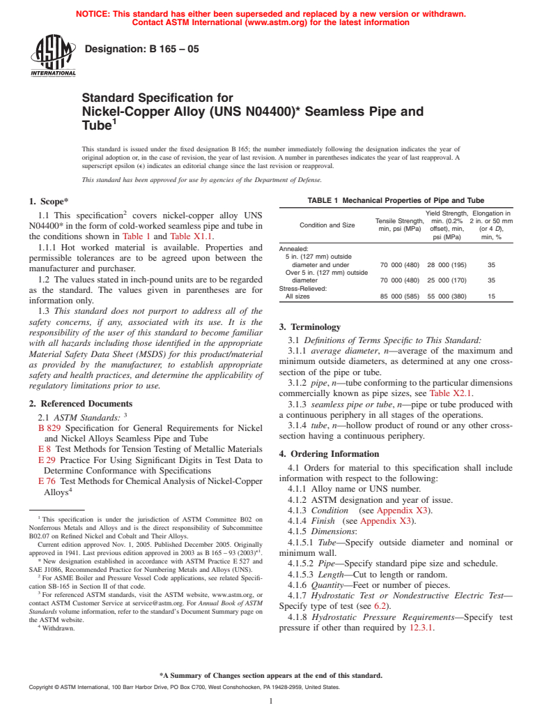 ASTM B165-05 - Standard Specification for Nickel-Copper Alloy (UNS N04400)* Seamless Pipe and Tube
