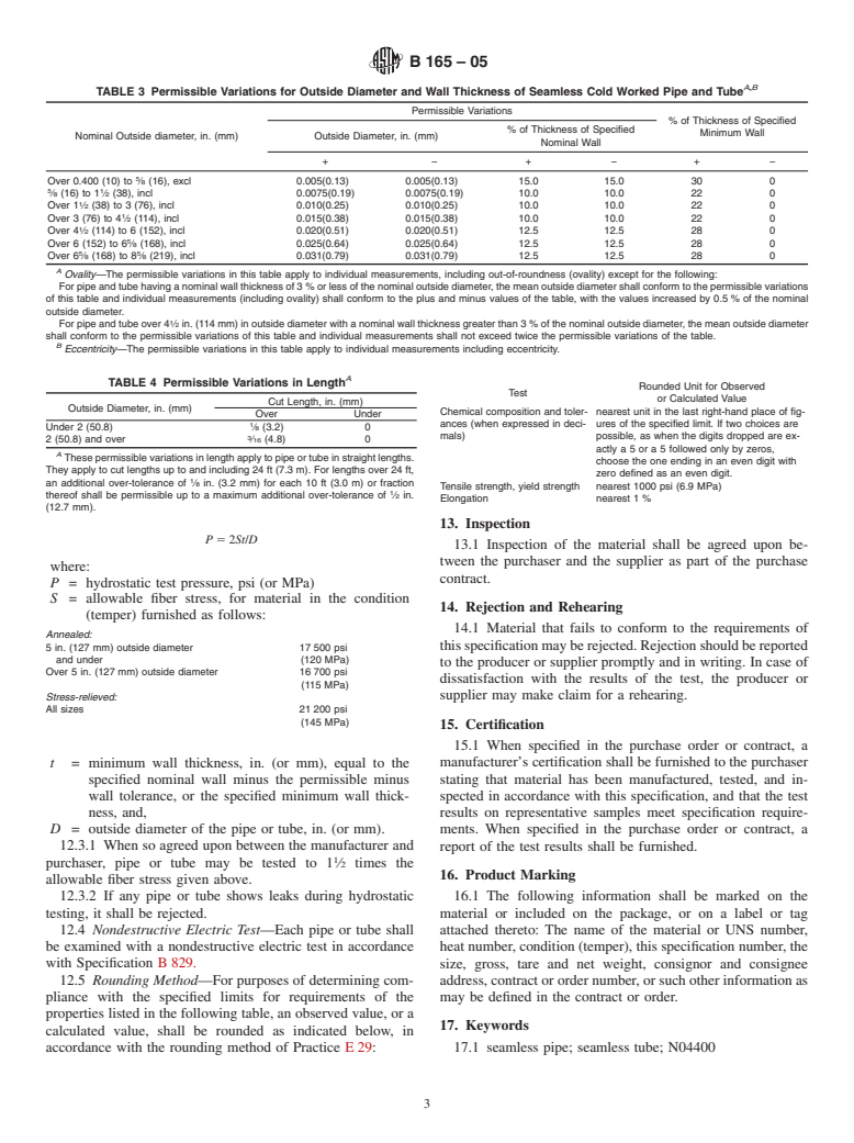 ASTM B165-05 - Standard Specification for Nickel-Copper Alloy (UNS N04400)* Seamless Pipe and Tube