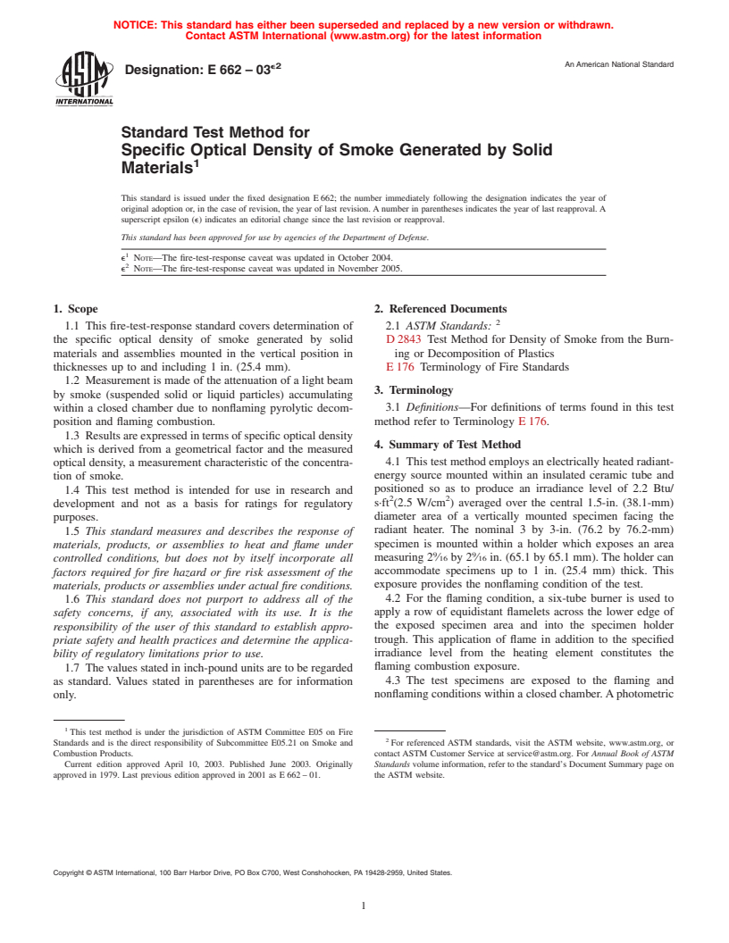 ASTM E662-03e2 - Standard Test Method for Specific Optical Density of Smoke Generated by Solid Materials