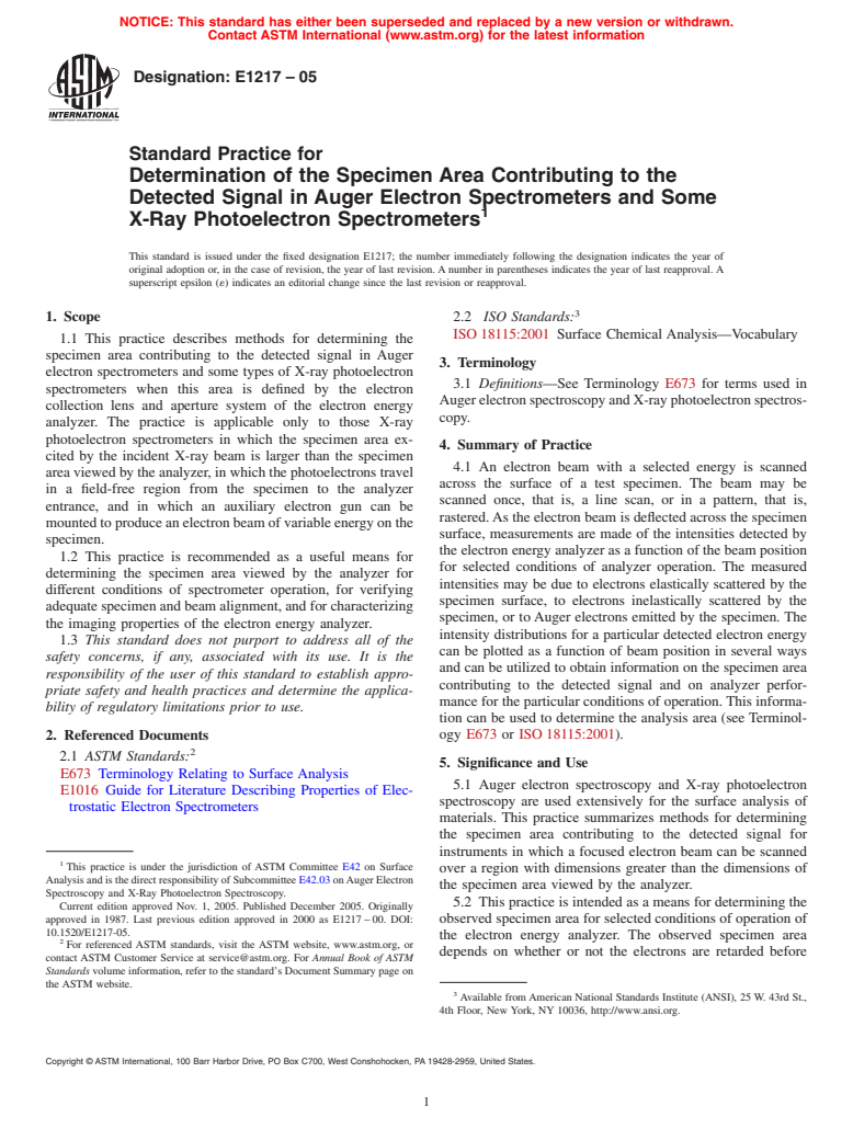 ASTM E1217-05 - Standard Practice for Determination of the Specimen Area Contributing to the Detected Signal in Auger Electron Spectrometers and Some  X-Ray Photoelectron Spectrometers