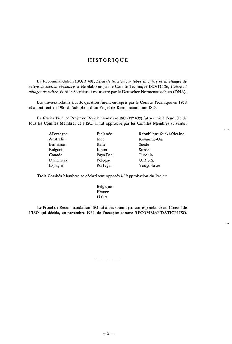 ISO/R 401:1964 ISO/R 401:1964 - Tensile testing of copper and copper alloy tubes of circular section
Released:11/1/1964 - Page 2 preview