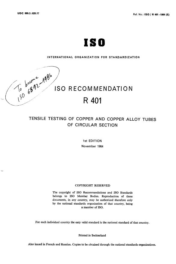 ISO/R 401:1964 - Tensile testing of copper and copper alloy tubes of circular section