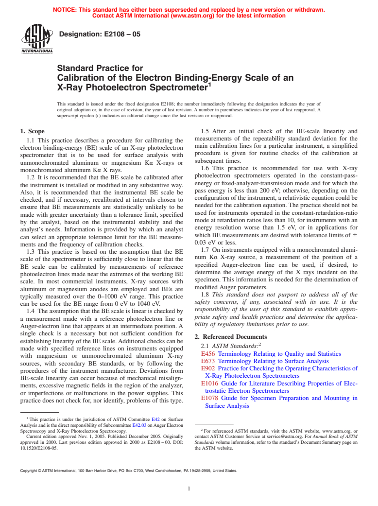 ASTM E2108-05 - Standard Practice for Calibration of the Electron Binding-Energy Scale of an X-Ray Photoelectron Spectrometer