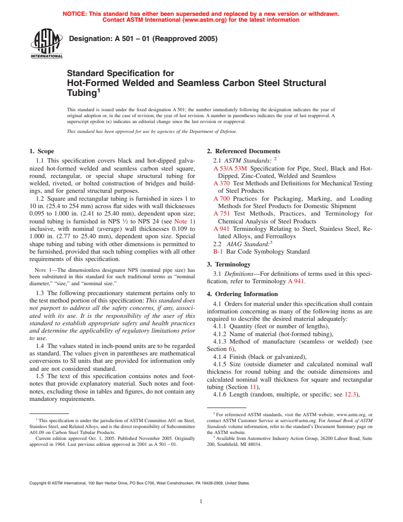 ASTM A501-01(2005) - Standard Specification for Hot-Formed Welded and Seamless Carbon Steel Structural Tubing